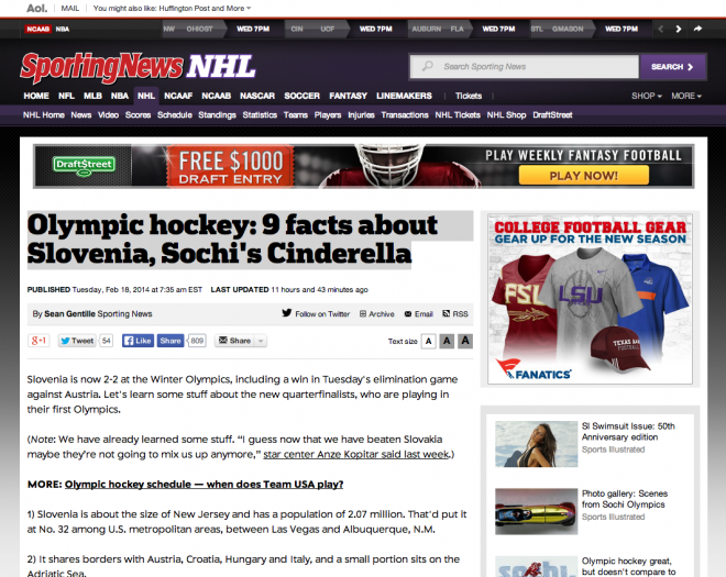 Olympisches Eishockey 9 Fakten über Slowenien Sotschi mit Cinderella / NHL Sporting News