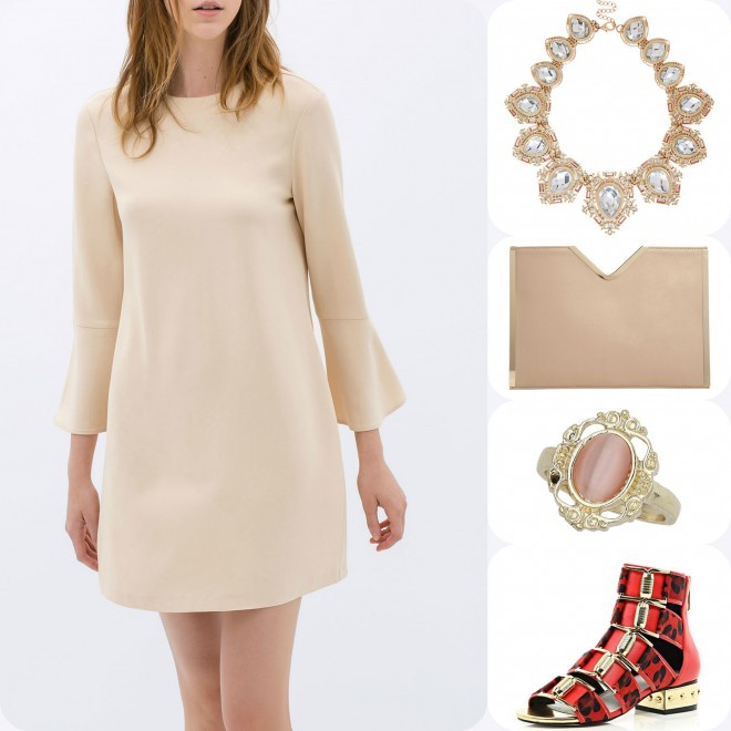A 60s-inspired powder-toned dress will be brightened up by statement sandals.