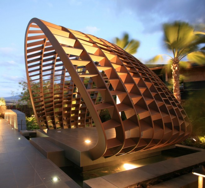 Paviljon, posvečen havajski tradiciji obdarovanja gosta s pleteno košaro. Foto: Benny Chan (Fotoworks), Belzberg Architects.