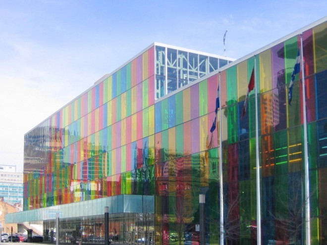 Congress center with multi-colored facade. Photo: Canadian design resource