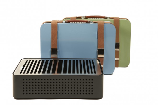 Mon Oncle small portable grill with leather straps looks like an antique suitcase.