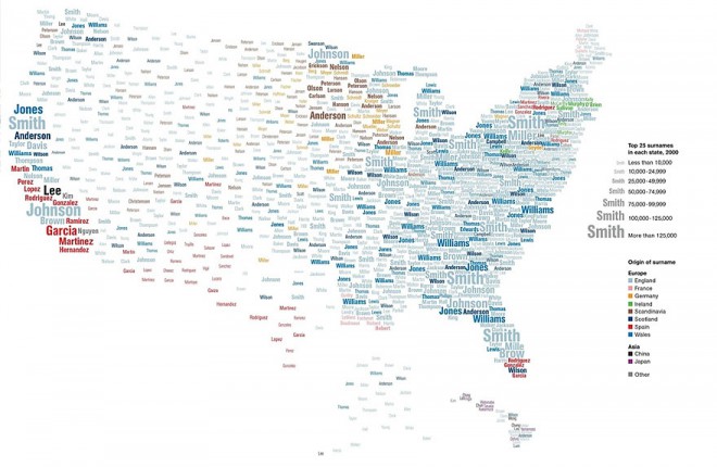 Mapa najbolj popularnih priimkov v ZDA