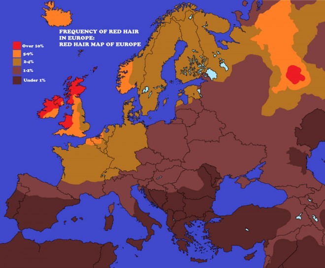 Porcentaje de pelirrojos en Europa
