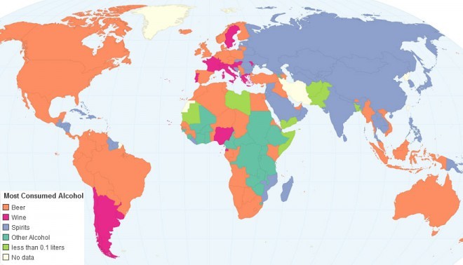 Den mest populära typen av alkoholhaltig dryck per land
