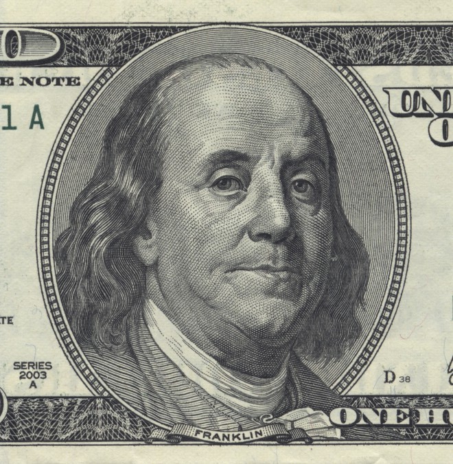 Benjamin Franklin na bankovcu za 100 $. 