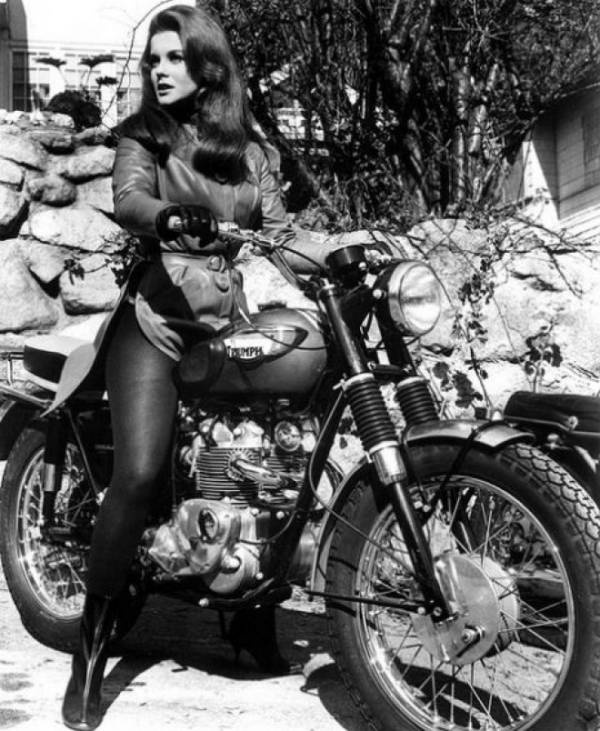 Ann-Margret on a classic Triumph motorcycle