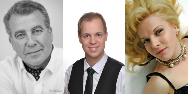Os renomados cantores de ópera Marcos Fink (Sarastro), Martin Sušnik (Tamino) e Petya Ivanova (Rainha da Noite).