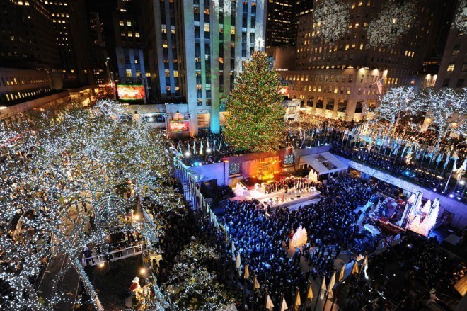Turning on the Christmas lights at Rockefeller Center, New York.
