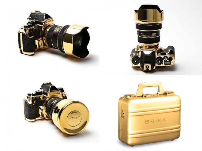 Zlat Nikon DF fotoaparat ter zlat prenosni kovček.