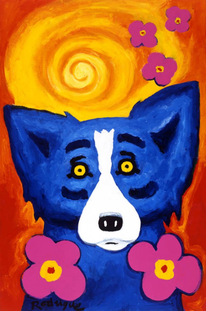 Blå hund i blommor