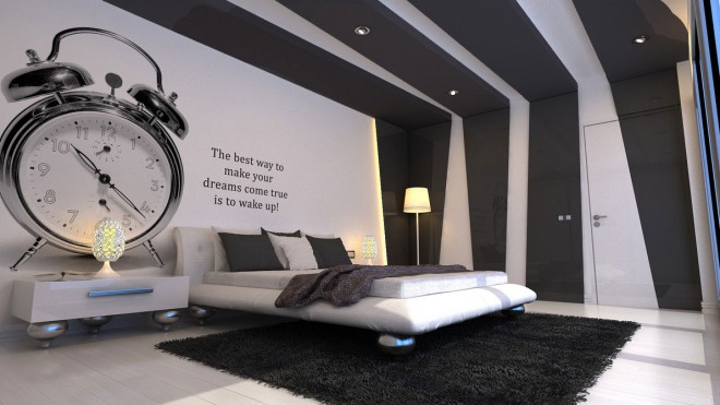 Czarno-białe elementy graficzne i napisy na ścianach nadają pomieszczeniu nowoczesny charakter. 