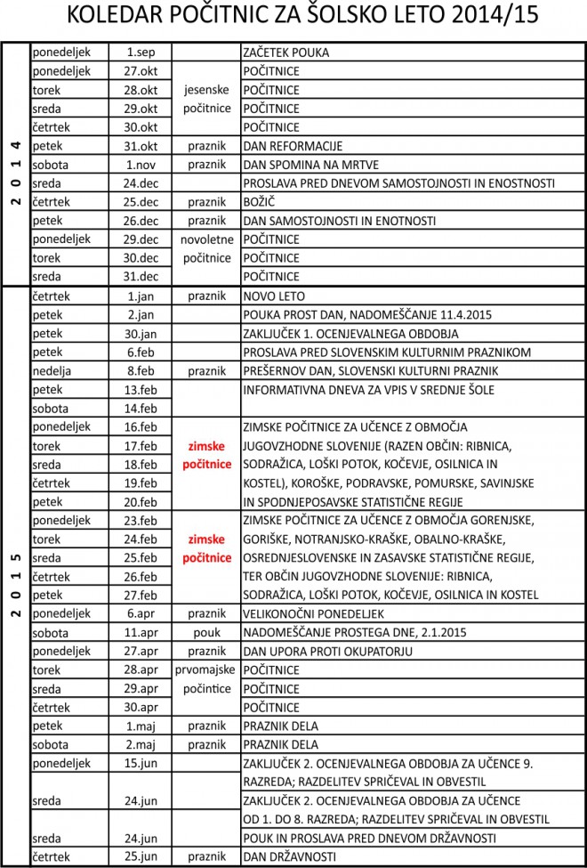 Kalender for skoleferier 2014/2015