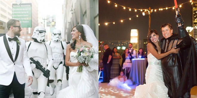 Stormtroopers de la Legión 501 y el padre de la novia vestido como Darth Vader. 