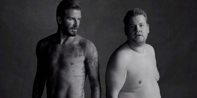David Beckham in James Corden v parodiji za izmišljeno moško linijo spodnjega perila D+J Briefs.