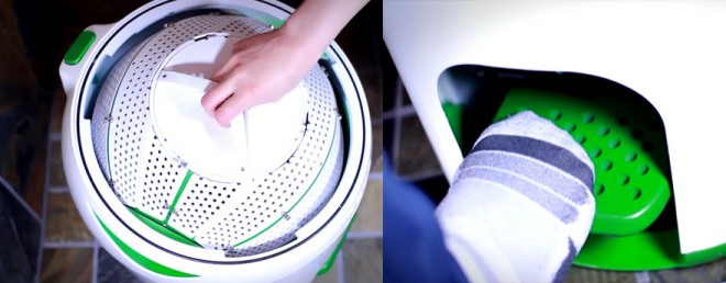 Die tragbare Waschmaschine von Drumi verwendet keinen Strom, sondern ein Fußpedal.