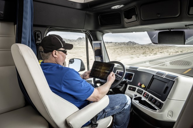 Drivers of the Freightliner Inspiration will be able to crack even while driving on the highway.