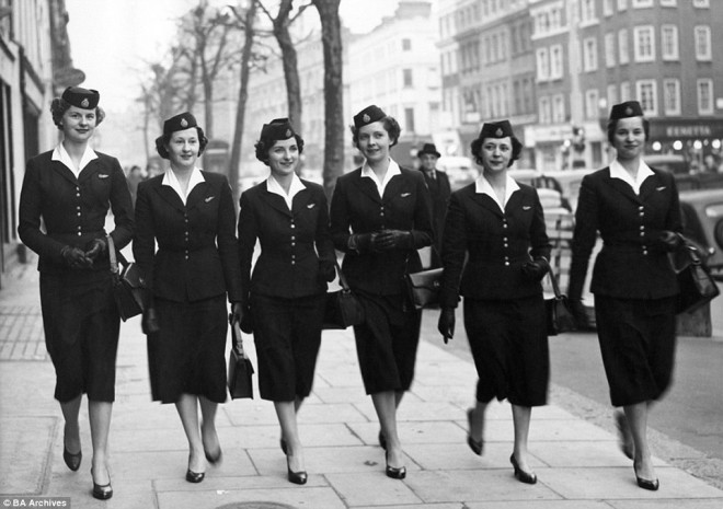 Uniforms of British Airway flight attendants in the 1950s.
