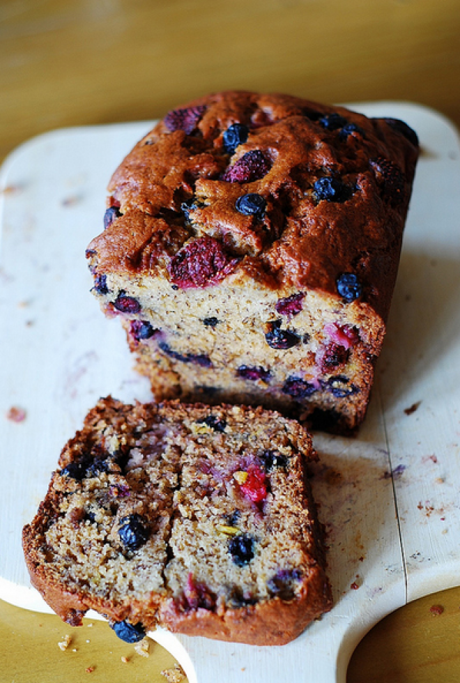 Strawberry Banana Bread with Blueberries