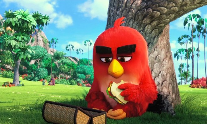 En scene fra åbningsscenen af traileren til animationsfilmen The Angry Birds Movie.