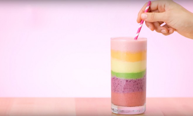 Rainbow smoothie will instantly brighten your day and fill you with energy.
