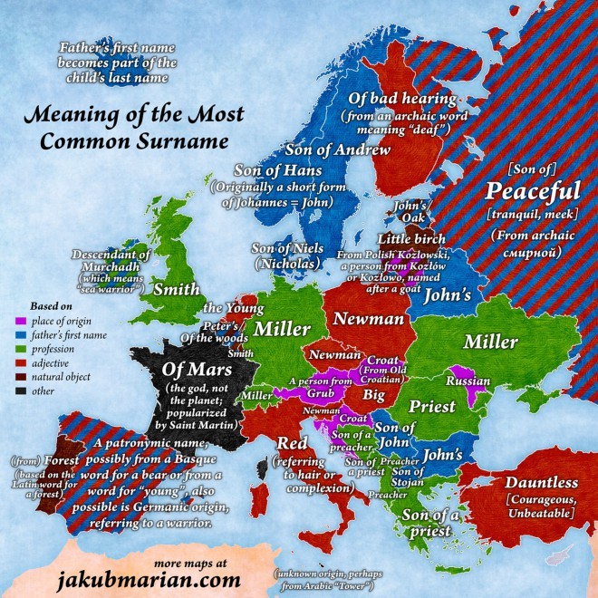 Betydelsen av de vanligaste efternamnen i Europa.