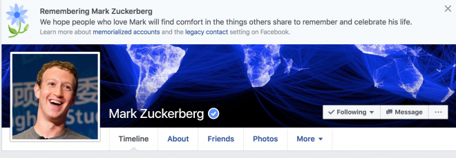 وأعلن فيسبوك أيضًا وفاة مارك زوكربيرج.