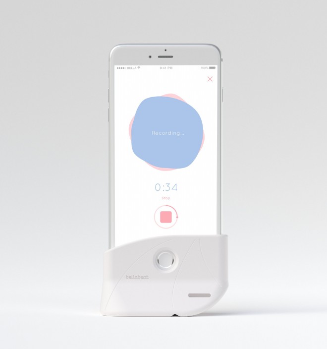 This is Shell, a small gadget and mobile app that allows you to listen to the heartbeat of an unborn baby. 