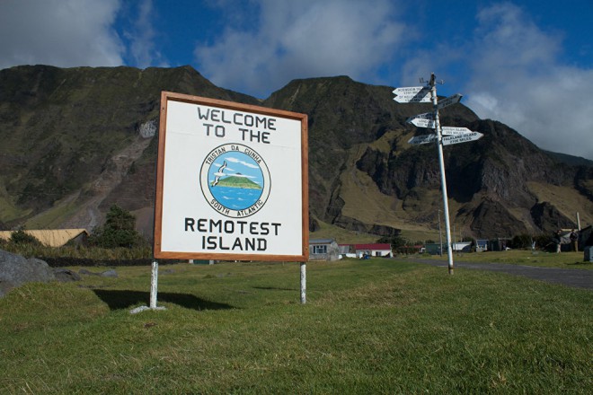 Et slikt skilt venter på deg på øya Tristan Da Cunha.