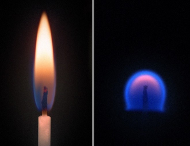 Vlevo: svíčka na Zemi, vpravo: svíčka v nulové gravitaci