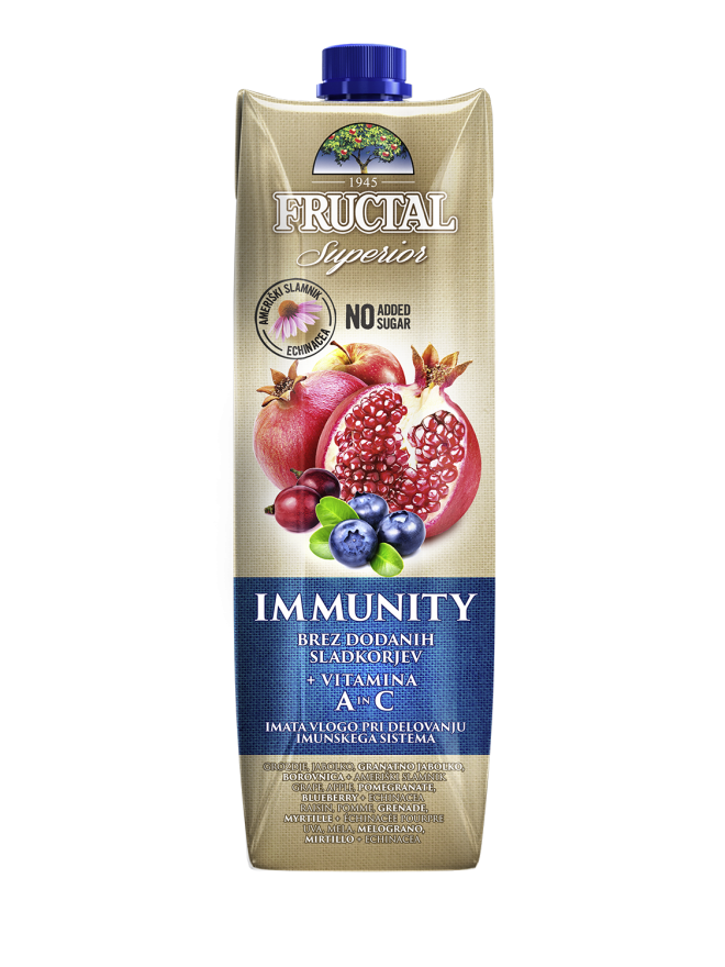 Fructal Superior IMMUNITY je izdelan iz grozdja, jabolk, borovnic ter granatnega jabolka, kateremu so dodali rastlinski izvleček ameriškega slamnika ter vitamina A in C.