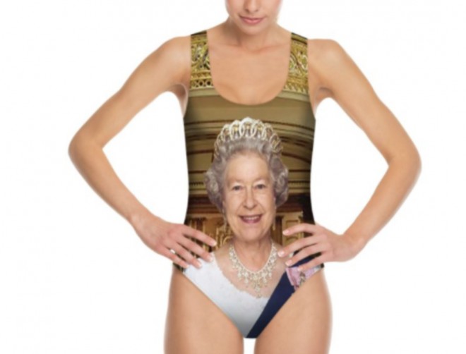 Badkläder med bilden av drottning Elizabeth II.