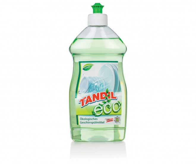 Die Verpackung des Tandil Eco Waschmittels besteht aus 100 % recyceltem PET-Material.