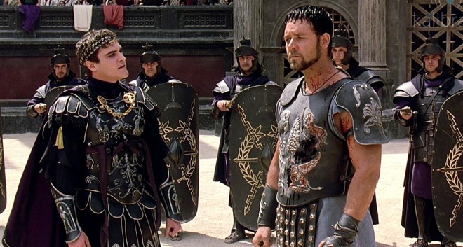 Joaquin Phoenix nel ruolo dell'imperatore romano Commodo