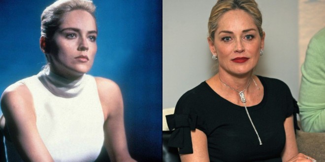 Sharon Stone i filmen Primal Instinct (1992) og i 2018, 60 år gammel.